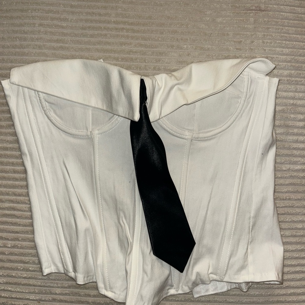 White Corset Top with Black Tie Accent
